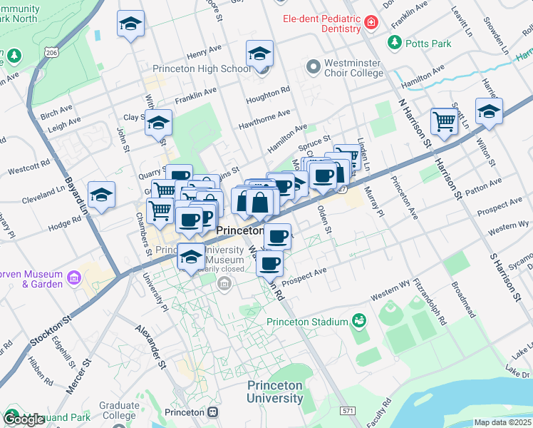 map of restaurants, bars, coffee shops, grocery stores, and more near 6 Moore Street in Princeton