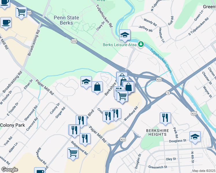 map of restaurants, bars, coffee shops, grocery stores, and more near 101 Kelly Court in Wyomissing