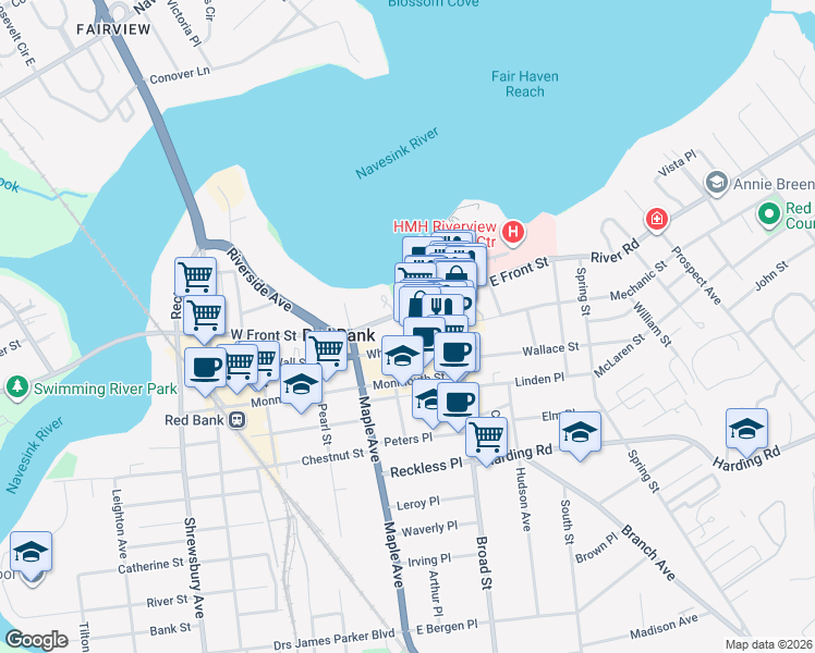map of restaurants, bars, coffee shops, grocery stores, and more near 55 West Front Street in Red Bank