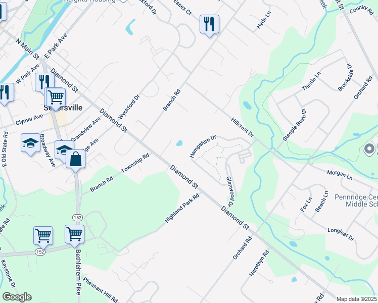 map of restaurants, bars, coffee shops, grocery stores, and more near 232 Hampshire Drive in Sellersville