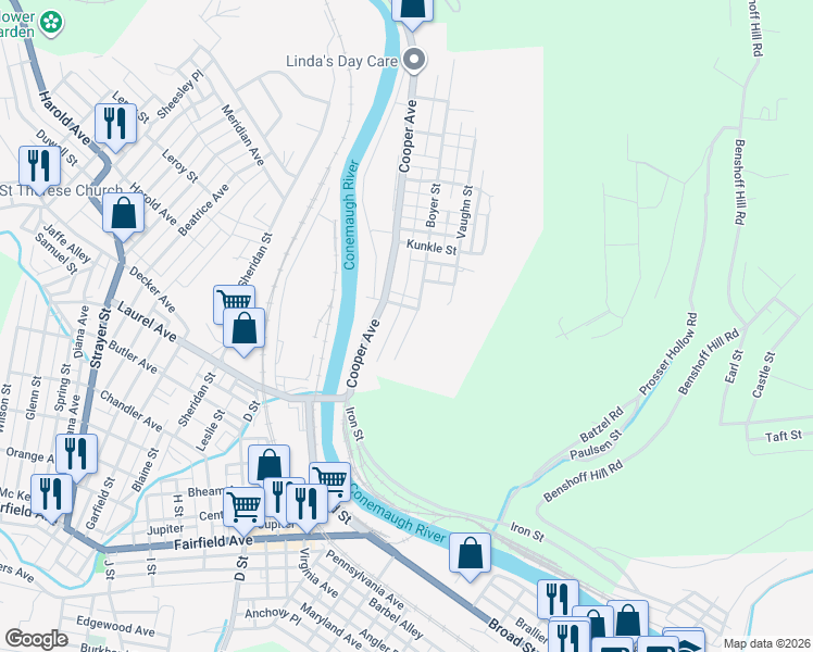 map of restaurants, bars, coffee shops, grocery stores, and more near 100-114 Hagen St in Johnstown