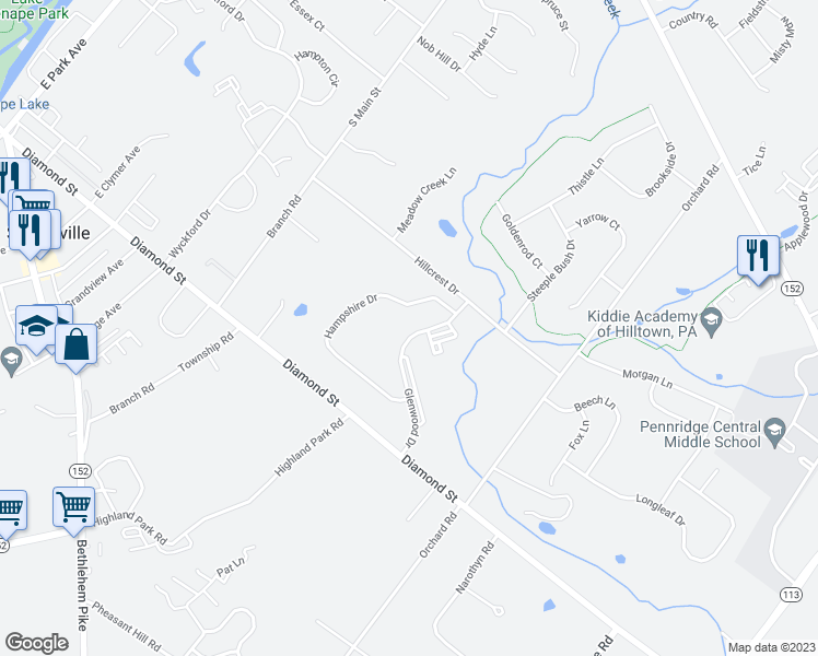 map of restaurants, bars, coffee shops, grocery stores, and more near 131 Glenwood Drive in Sellersville