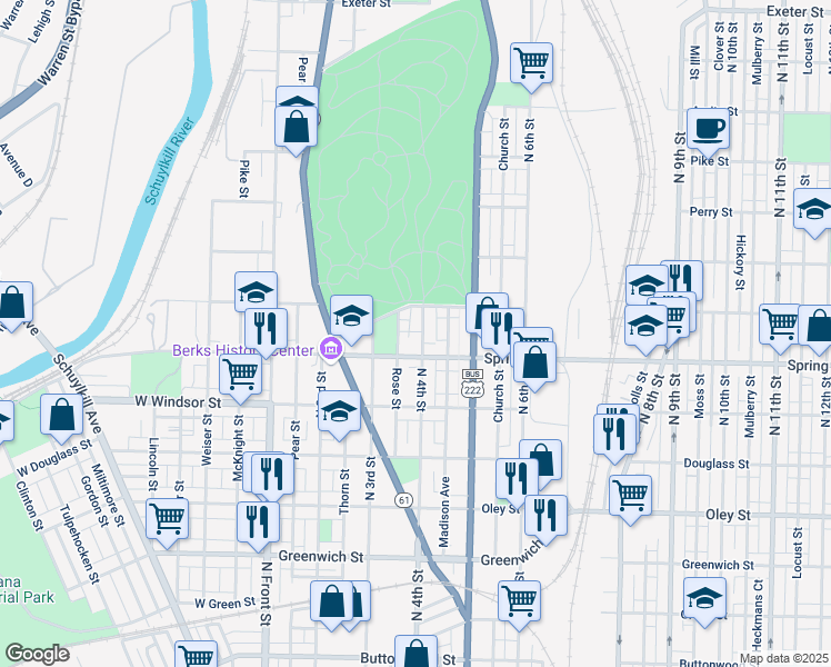 map of restaurants, bars, coffee shops, grocery stores, and more near 1023 Rose Street in Reading