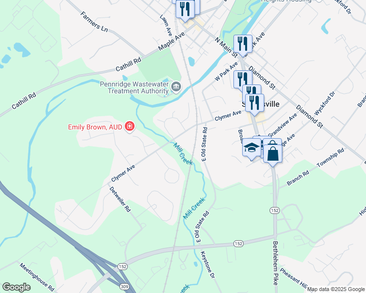 map of restaurants, bars, coffee shops, grocery stores, and more near 316 Clymer Avenue in Sellersville