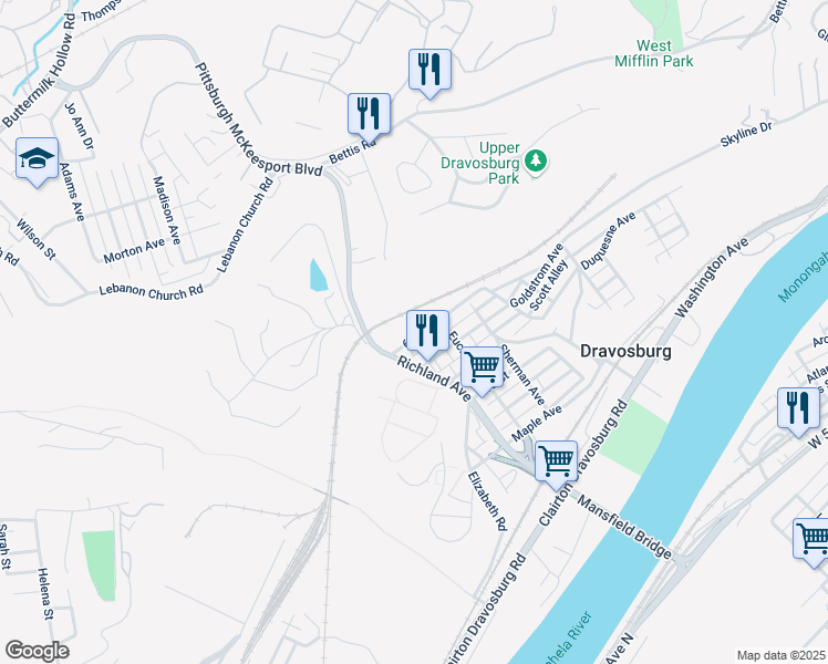 map of restaurants, bars, coffee shops, grocery stores, and more near 214 6th Street in Dravosburg