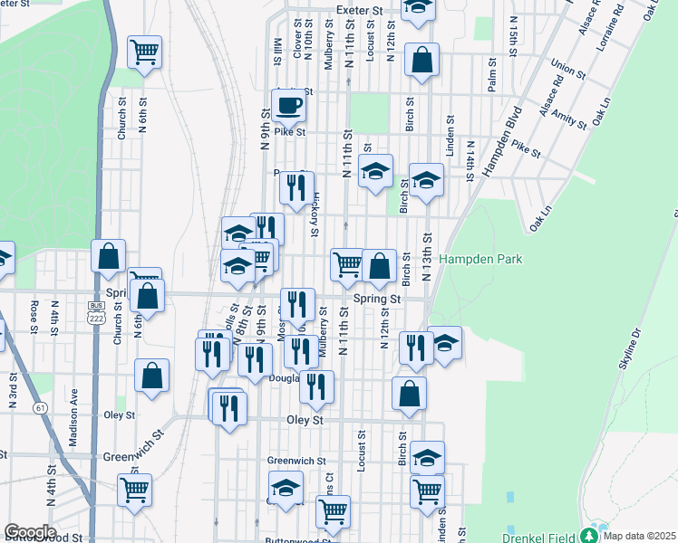 map of restaurants, bars, coffee shops, grocery stores, and more near 1038 North 11th Street in Reading