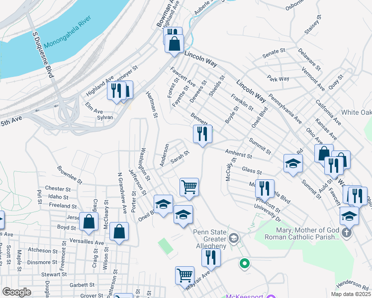 map of restaurants, bars, coffee shops, grocery stores, and more near 4001 Sarah Street in McKeesport