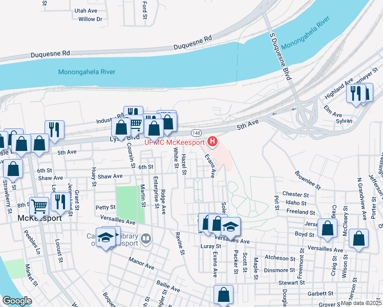 map of restaurants, bars, coffee shops, grocery stores, and more near 503 Park Street in McKeesport