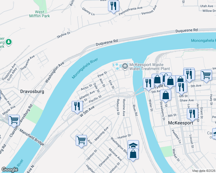 map of restaurants, bars, coffee shops, grocery stores, and more near 228 Atlantic Avenue in McKeesport