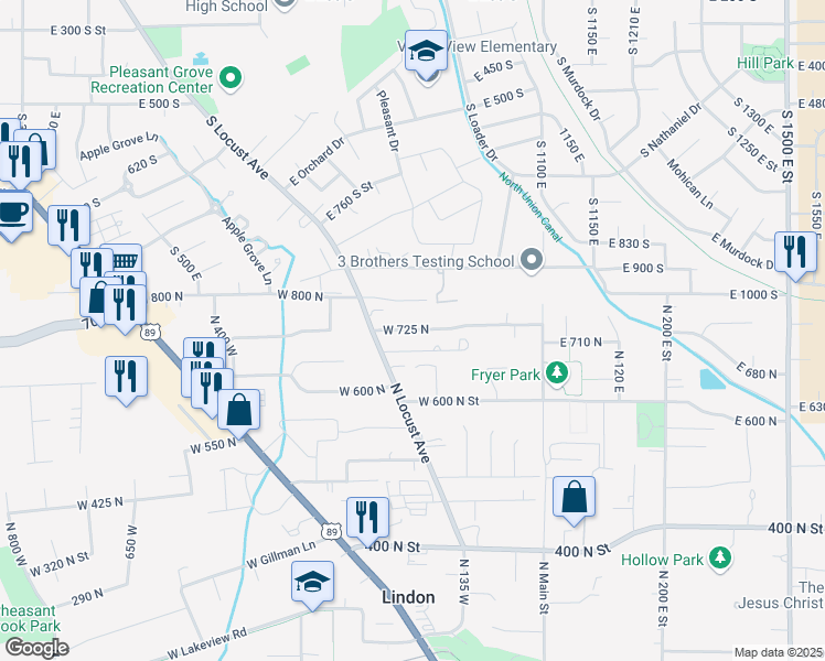 map of restaurants, bars, coffee shops, grocery stores, and more near 243 West 725 North in Lindon