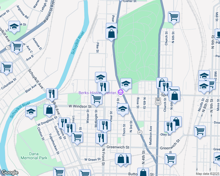 map of restaurants, bars, coffee shops, grocery stores, and more near 1040 Pear Street in Reading