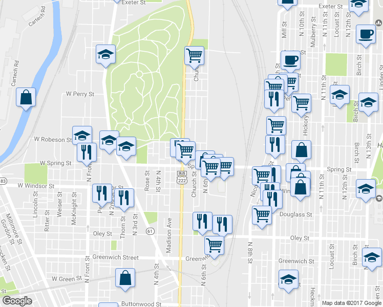 map of restaurants, bars, coffee shops, grocery stores, and more near 1032 Church Street in Reading