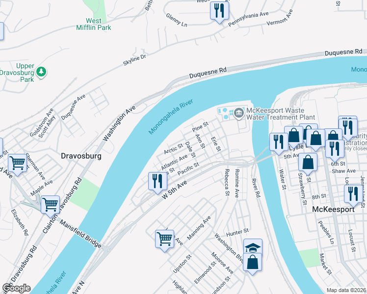 map of restaurants, bars, coffee shops, grocery stores, and more near 225 Dale Street in McKeesport