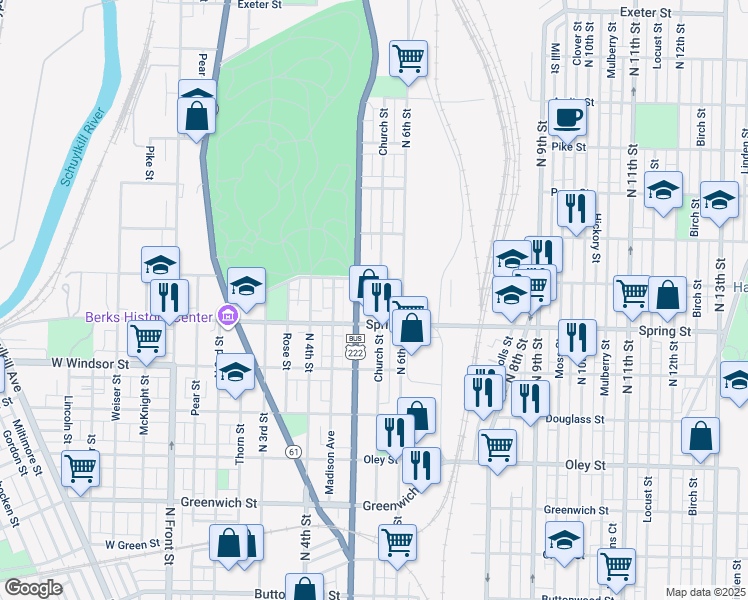map of restaurants, bars, coffee shops, grocery stores, and more near 1032 Church Street in Reading