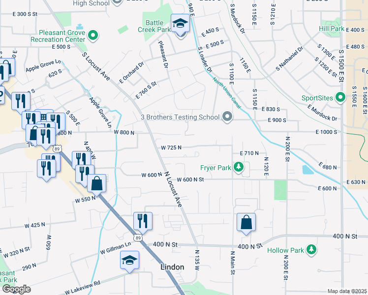 map of restaurants, bars, coffee shops, grocery stores, and more near 233 West 725 North in Lindon