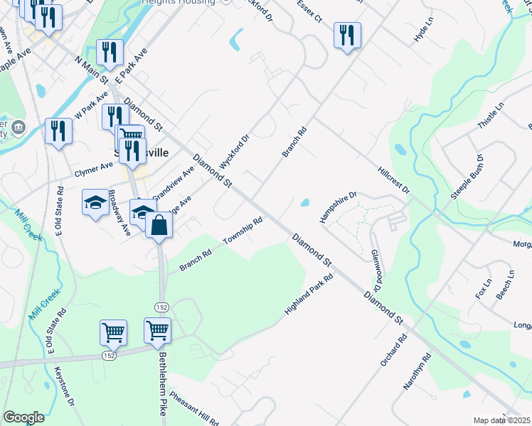 map of restaurants, bars, coffee shops, grocery stores, and more near in Sellersville