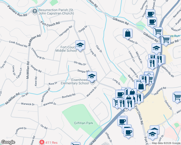 map of restaurants, bars, coffee shops, grocery stores, and more near 419 Fort Couch Road in Pittsburgh