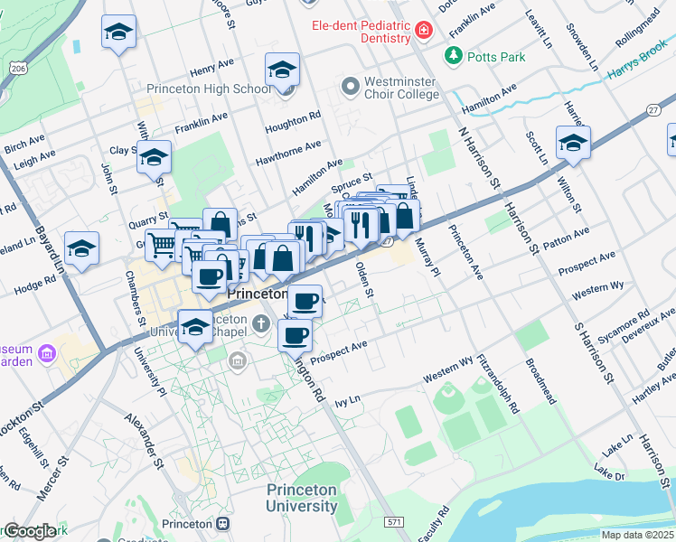 map of restaurants, bars, coffee shops, grocery stores, and more near 213 Nassau Street in Princeton