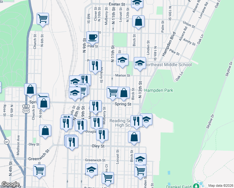 map of restaurants, bars, coffee shops, grocery stores, and more near 1120 Robeson Street in Reading