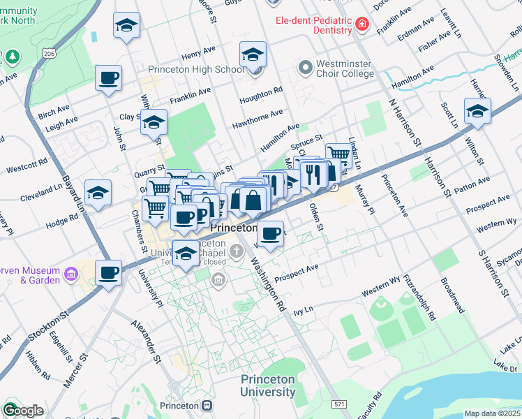 map of restaurants, bars, coffee shops, grocery stores, and more near 6 Moore Street in Princeton
