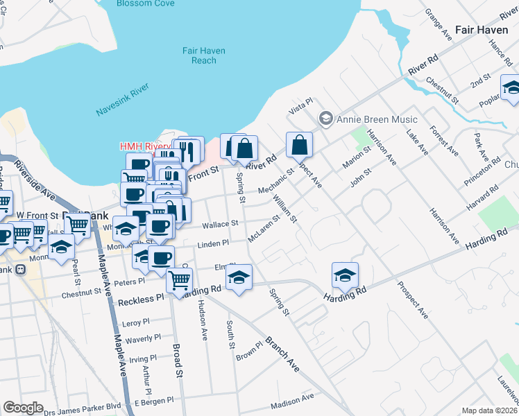 map of restaurants, bars, coffee shops, grocery stores, and more near 23 Oldfield Place in Red Bank