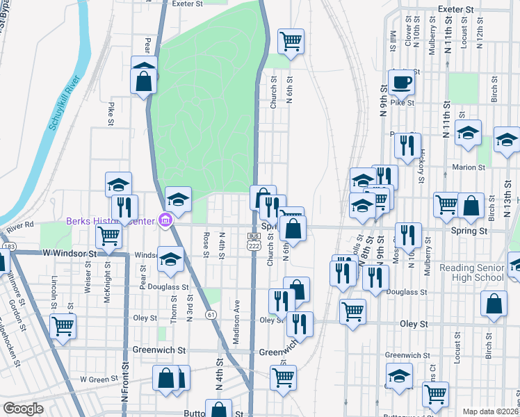 map of restaurants, bars, coffee shops, grocery stores, and more near 1041 North 5th Street in Reading