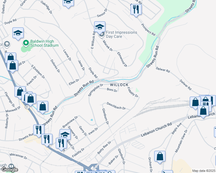 map of restaurants, bars, coffee shops, grocery stores, and more near 1128 Springdale Dr in Pittsburgh
