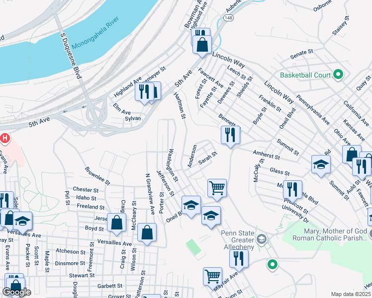 map of restaurants, bars, coffee shops, grocery stores, and more near 823 Hartman Street in McKeesport
