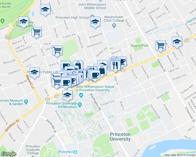 map of restaurants, bars, coffee shops, grocery stores, and more near 194 Nassau Street in Princeton