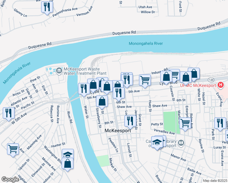 map of restaurants, bars, coffee shops, grocery stores, and more near in McKeesport