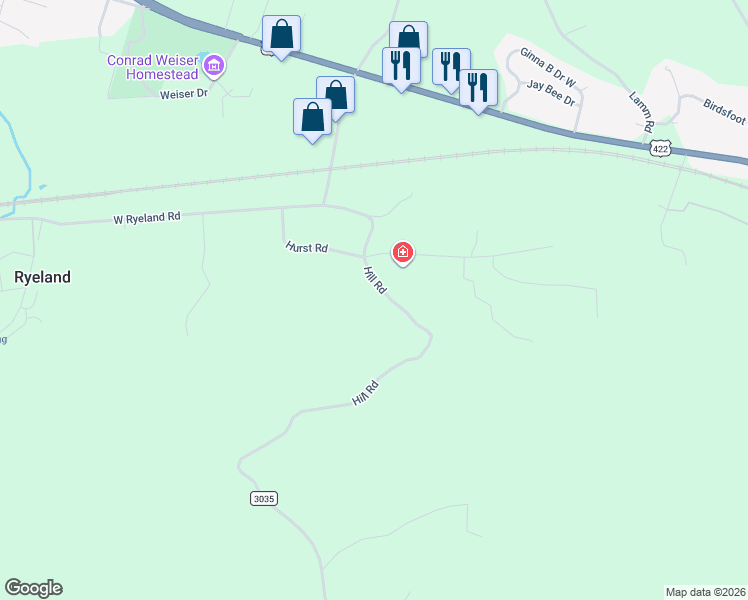 map of restaurants, bars, coffee shops, grocery stores, and more near 501-599 State Route 3035 in Womelsdorf