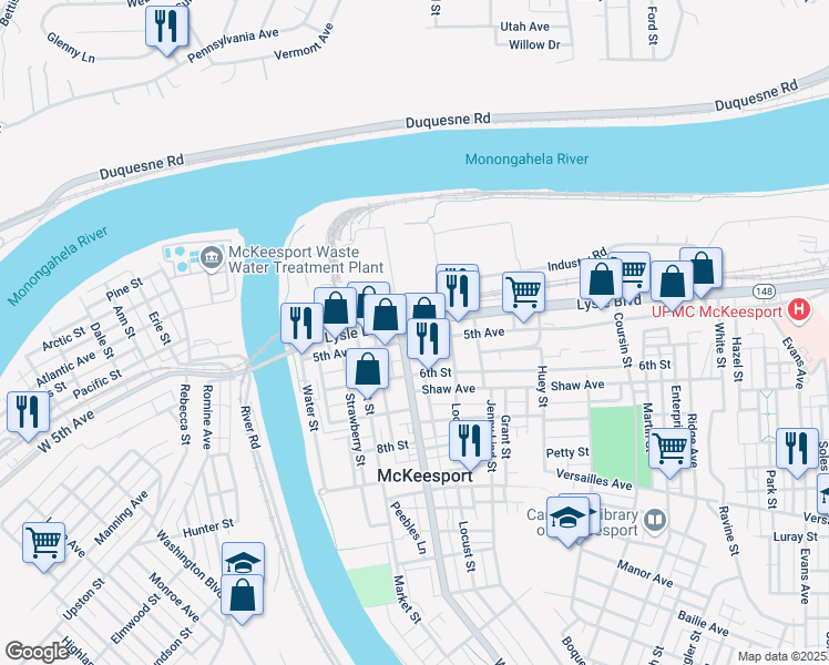 map of restaurants, bars, coffee shops, grocery stores, and more near in McKeesport