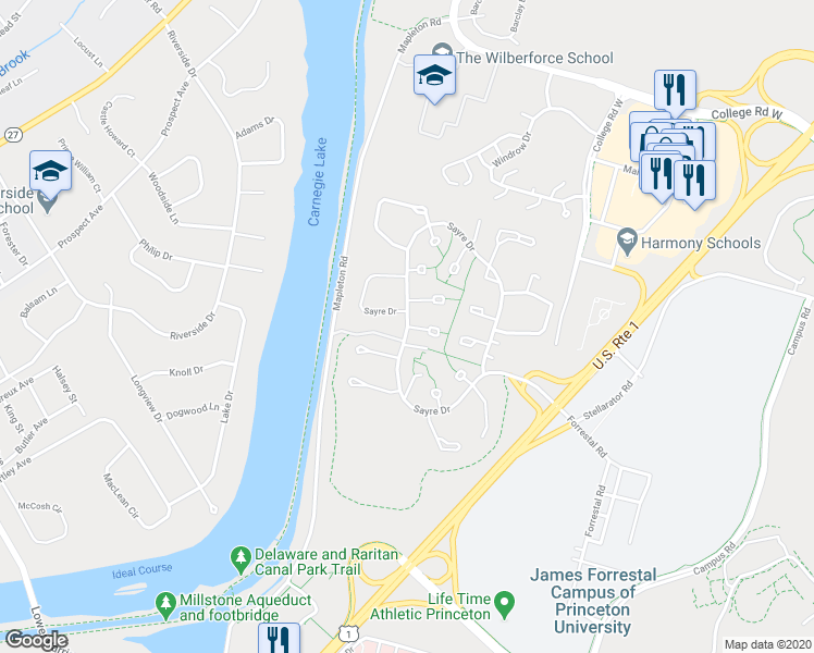 map of restaurants, bars, coffee shops, grocery stores, and more near 461 Sayre Drive in Princeton