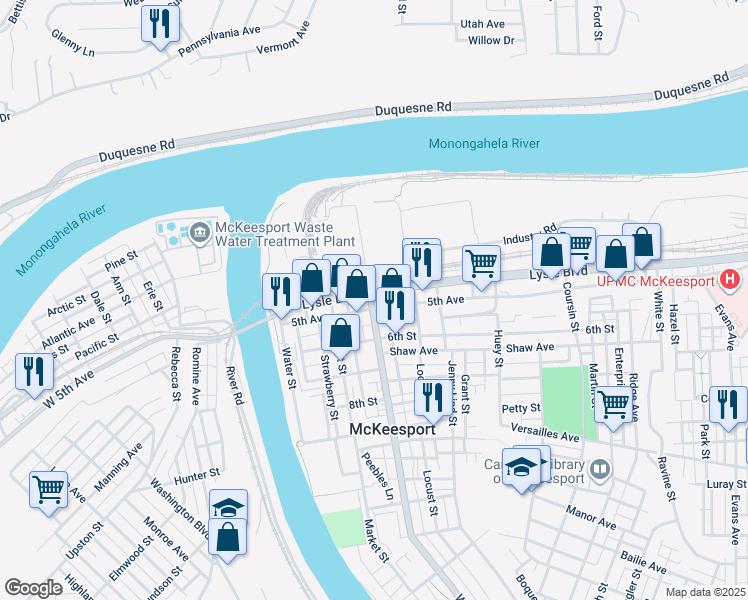 map of restaurants, bars, coffee shops, grocery stores, and more near in McKeesport