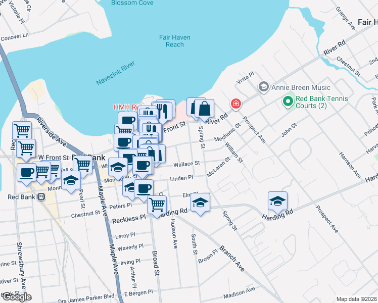 map of restaurants, bars, coffee shops, grocery stores, and more near 50 Spring Street in Red Bank