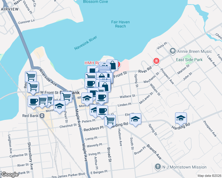 map of restaurants, bars, coffee shops, grocery stores, and more near 24 Mechanic Street in Red Bank