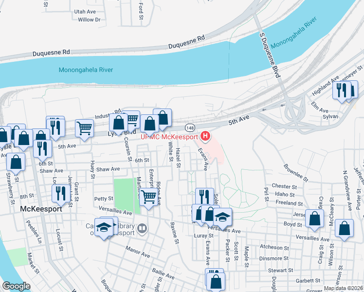 map of restaurants, bars, coffee shops, grocery stores, and more near 503 Park Street in McKeesport