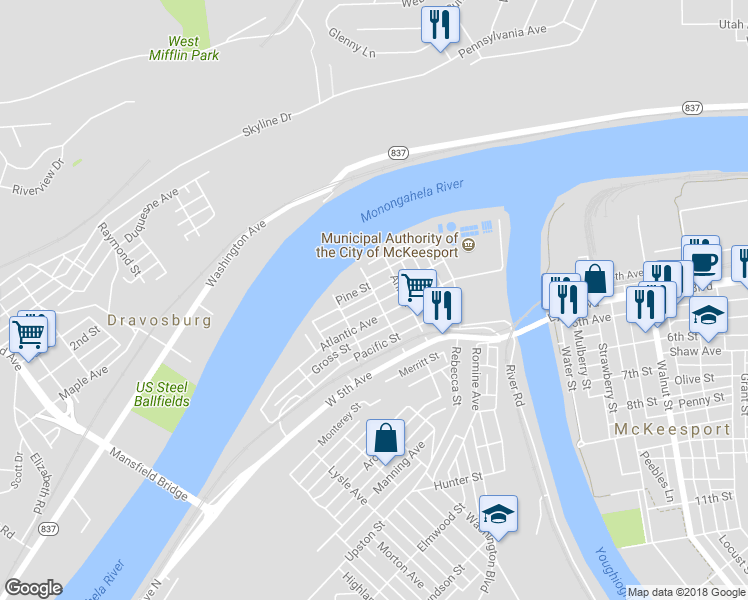 map of restaurants, bars, coffee shops, grocery stores, and more near 225 Dale Street in McKeesport