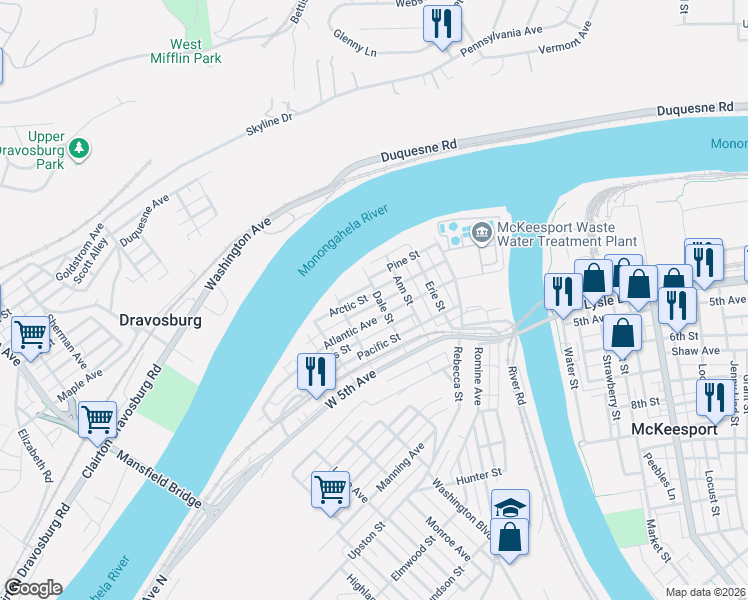 map of restaurants, bars, coffee shops, grocery stores, and more near 225 Dale Street in McKeesport