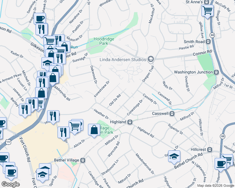 map of restaurants, bars, coffee shops, grocery stores, and more near 19 Old Ox Road in Bethel Park