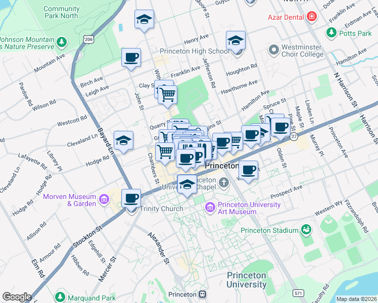 map of restaurants, bars, coffee shops, grocery stores, and more near 55 Witherspoon Street in Princeton