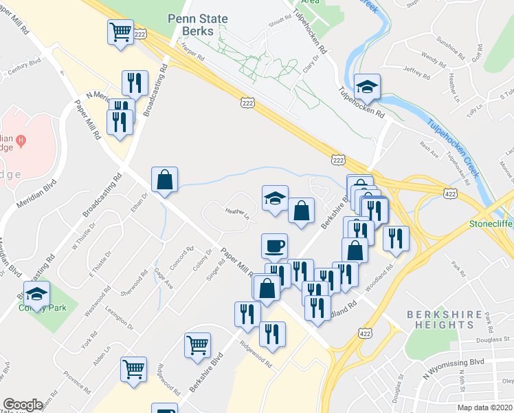 map of restaurants, bars, coffee shops, grocery stores, and more near 138 Primrose Lane in Reading