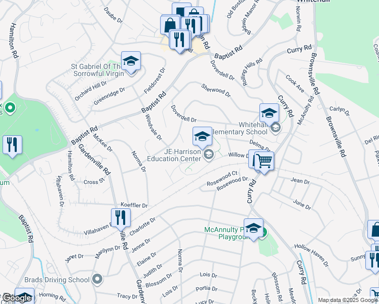 map of restaurants, bars, coffee shops, grocery stores, and more near 5250 Meadowgreen Drive in Pittsburgh