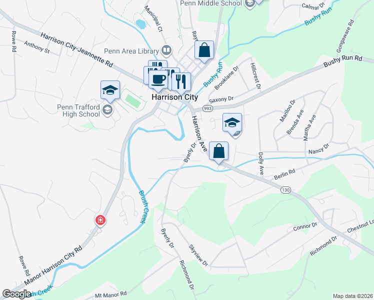 map of restaurants, bars, coffee shops, grocery stores, and more near 2090 1/2 Pennsylvania 130 in Jeannette