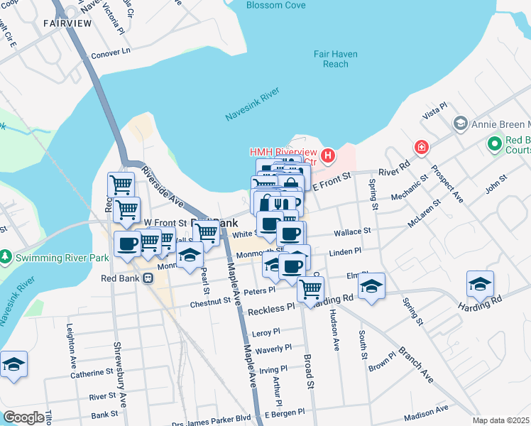 map of restaurants, bars, coffee shops, grocery stores, and more near 43 County Route 10 in Red Bank