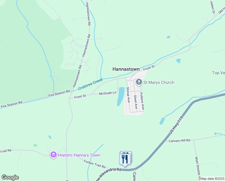 map of restaurants, bars, coffee shops, grocery stores, and more near 135 McGrath Lane in Greensburg