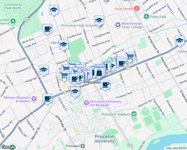map of restaurants, bars, coffee shops, grocery stores, and more near 9 Park Place in Princeton