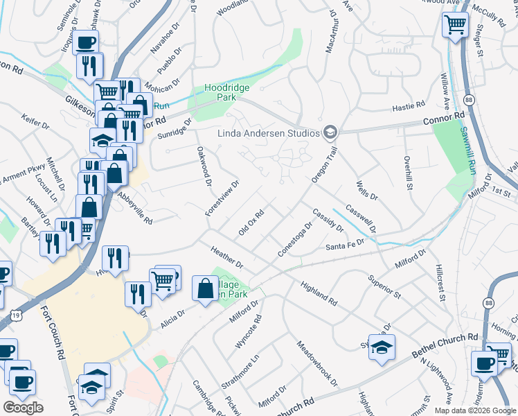 map of restaurants, bars, coffee shops, grocery stores, and more near 19 Old Ox Road in Bethel Park
