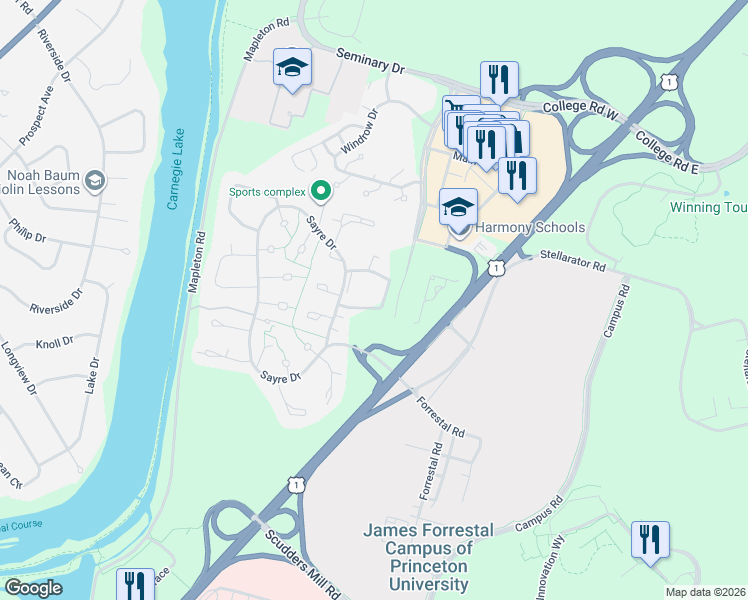 map of restaurants, bars, coffee shops, grocery stores, and more near 2210 Sayre Drive in Princeton