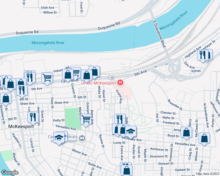 map of restaurants, bars, coffee shops, grocery stores, and more near 503 Park St in McKeesport
